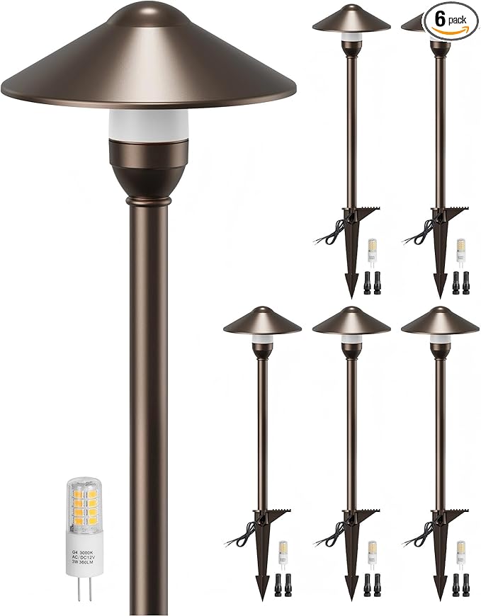 PARTPHONER Low Voltage Landscape Lighting 6-Pack, Aluminum 12V Pathway Lights with G4 Bulbs, Waterproof Oil Rubbed Bronze Color Round Shade Path Lights with Connectors for Walkway Yard Garden