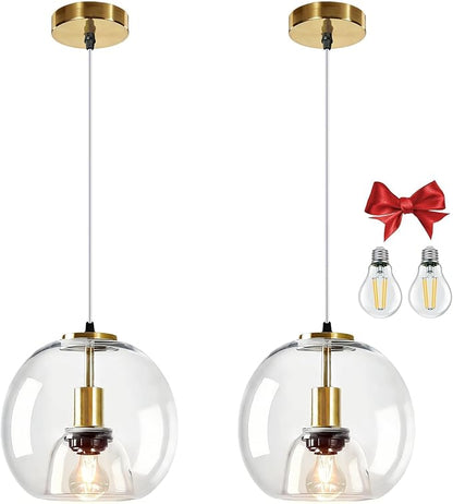 9.1in Large Clear Glass Pendant Light for Kitchen Island – 2-Pack with 2 Extra LED Bulbs & 4.92ft Adjustable Cord | Modern Minimalist Lighting for Dining Room, Living Room, Entryway