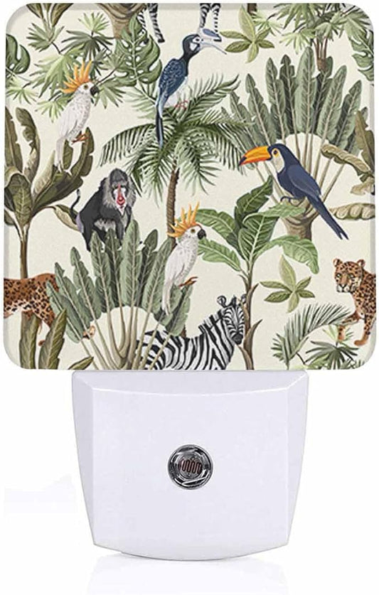 LED Night Light,Tropic Exotic Trees And Animals LED Night Light Plug into Wall with Dusk to Dawn Light Sensor White Energy Efficient Nightlight for Bedroom Bathroom Hallway Living Room Kitchen