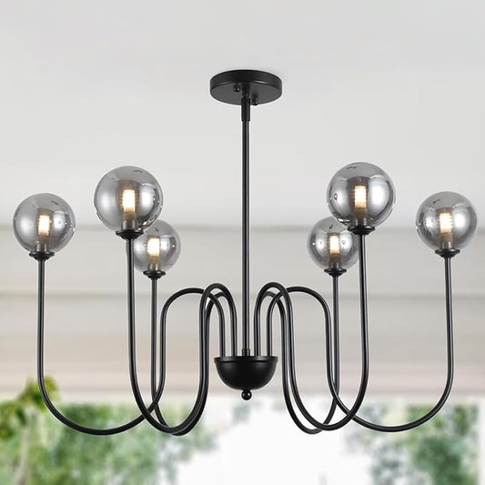 29" Black Modern Glass Chandelier 6-Lights Vintage Farmhouse Chandelier Adjustable Rod Industrial Glass Chandeliers for Dining Room, Bedroom, Kitchen Island, Living Room, Entryway, Hallway, G9