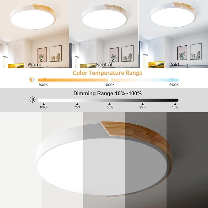 LED Ceiling Light Fixture,10 Inch Modern Wood Recessed Ceiling Lights, Dimmable Light,12W White Close to Ceiling Lighting Flush Mount Living Room Bedroom,3000K-6000K