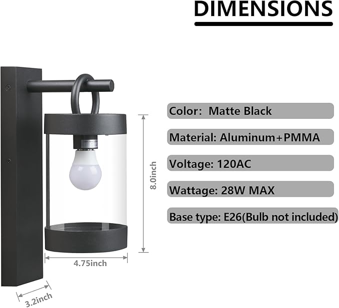 Wall Light Outdoor Lantern with Dusk to Dawn Sensor E26 Bulb (Not Include) Wall Mount Hang Lamp Wall Sconce Lighting Photocell Lights for Porch Front Door Garden IP44 Waterproof Max 28W