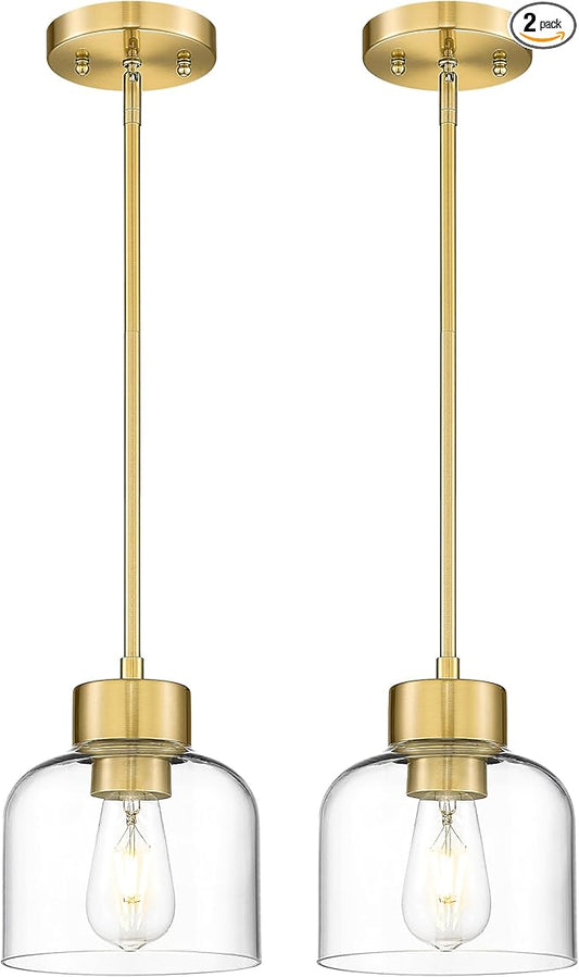 2-Pack Pendant Lights Kitchen Island, 7" Brushed Gold Hanging Lights Fixtures with Clear Glass Shade, Modern Brass Kitchen Pendant Lighting Over Island for Dining Room, AD-24024-1P2-GD