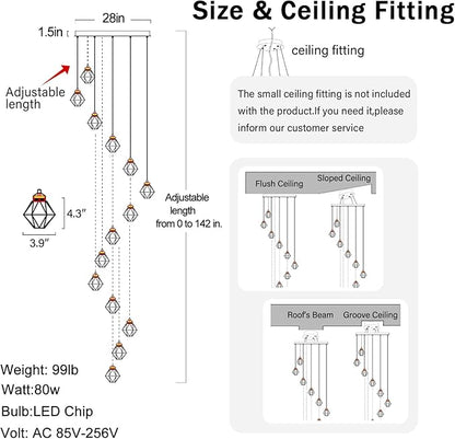H142in Foyer Chandelier Big Chandeliers for High Ceiling Gold Pendant Light Fixture 26-Lights Crystal Chandelier Lighting Fixture for Living Room Staircase Villa