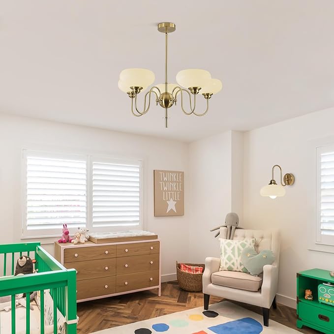 BOKT Modern Chandelier for Living Room, Mid Century Gold Chandelier for Dining Room, Vintage Milk Glass Globe Chandeliers for Different Ceilings