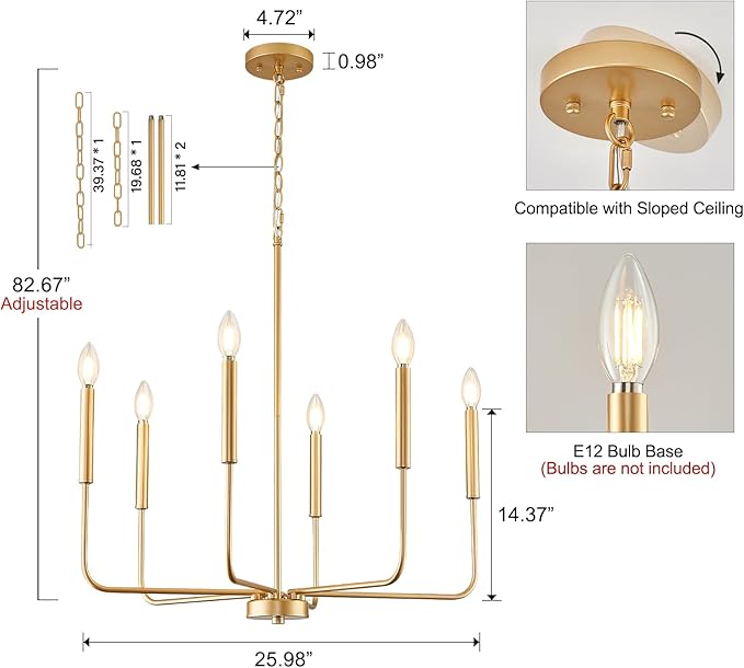 Modern Gold Chandelier for Dining Room,Metal 6-Light Kitchen Light Fixtures,Farmhouse Candle Hanging Pendant Light for Living Room Entryway Foyer Bedroom (Bulb Not Included)