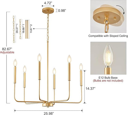 Modern Gold Chandelier for Dining Room,Metal 6-Light Kitchen Light Fixtures,Farmhouse Candle Hanging Pendant Light for Living Room Entryway Foyer Bedroom (Bulb Not Included)