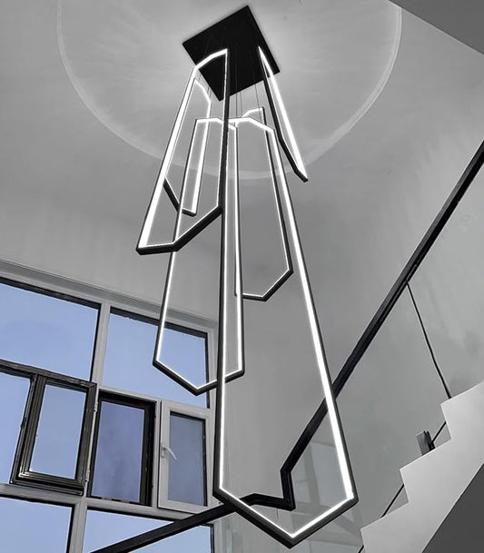 6 Rings Large Chandelier for Staircase Modern High Ceiling Chandelier LED Dimmable Chandeliers for Foyer Staircase Enterway Living Room Villa Black