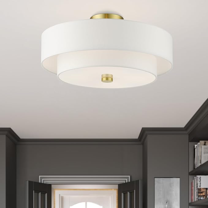 Livex Lighting 51045-12 Meridian Collection 4-Light Semi Flush Mount Ceiling Light with Off-White Hardback Fabric Shade, Satin Brass, 18 x 18 x 9