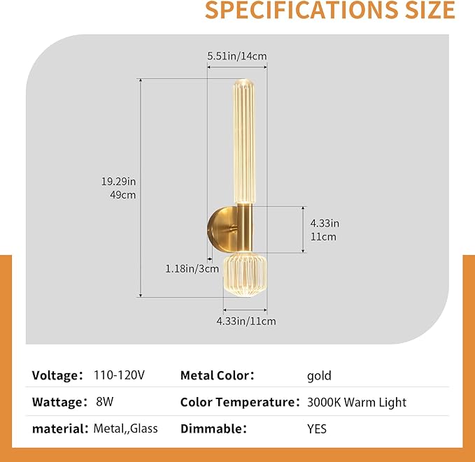 Gold Wall Sconces, Modern Bathroom Light Fixture Dimmable LED Wall Sconces with Glass Shade, Bathroom Sconces Wall Lighting for Bedroom Living Room