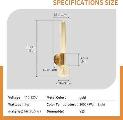 Gold Wall Sconces, Modern Bathroom Light Fixture Dimmable LED Wall Sconces with Glass Shade, Bathroom Sconces Wall Lighting for Bedroom Living Room
