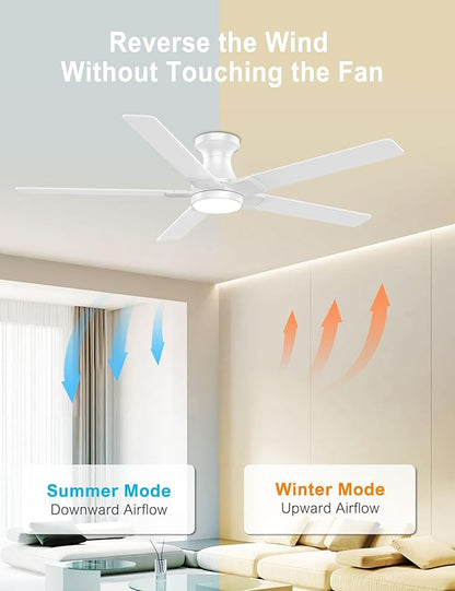 DAMINY 52 inch White Ceiling Fans with Lights,5 Blades,6CCT, Low Profile,Remote Control,for Bedroom, Kitchen,Living Room,Indoor/Outdoor Use,Flush Mount