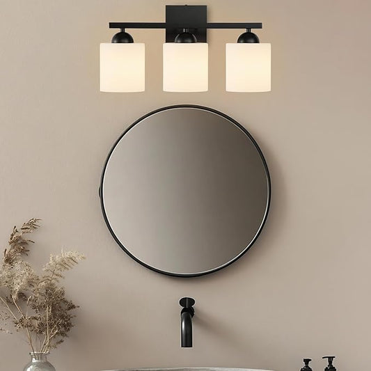 3-Light Matte Black Bathroom Vanity Light, Modern Bathroom Light Fixtures Over Mirror, Farmhouse Wall Sconce with Milky White Glass Shades, E26 Socket