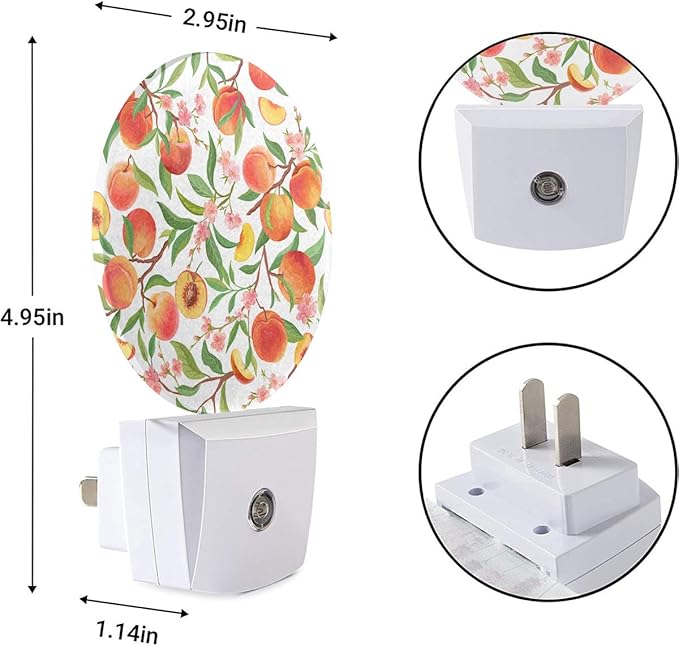 EKOBLA Plug-in Peach Night Light, Watercolor Fruit Design, Dusk to Dawn Sensor, Peach with Leaf Nightlight Decor for Men Women Bedroom Bathroom