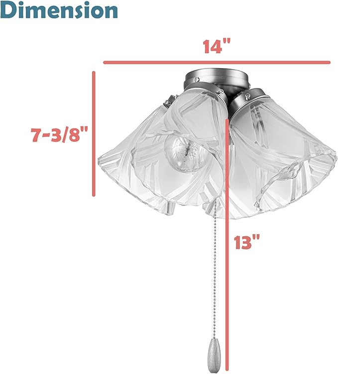 Aspen Creative 22016-3, Four-Light Ceiling Fan Light Kit with Pull Chain, Brushed Nickel Finish with Frosted and Clear Glass Shades, 14" Diameter x 7-3/8" Height