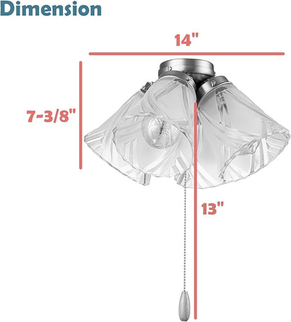 Aspen Creative 22016-3, Four-Light Ceiling Fan Light Kit with Pull Chain, Brushed Nickel Finish with Frosted and Clear Glass Shades, 14" Diameter x 7-3/8" Height