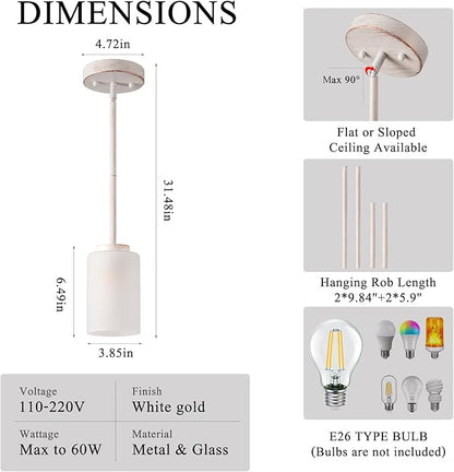 1-Light Mini Pendant Light Fixtures, Industrial Chandelier Hanging Ceiling Lights with Opal White Glass, Adjustable Height, White Brush Gold Pendant Lamp, 3 Pack