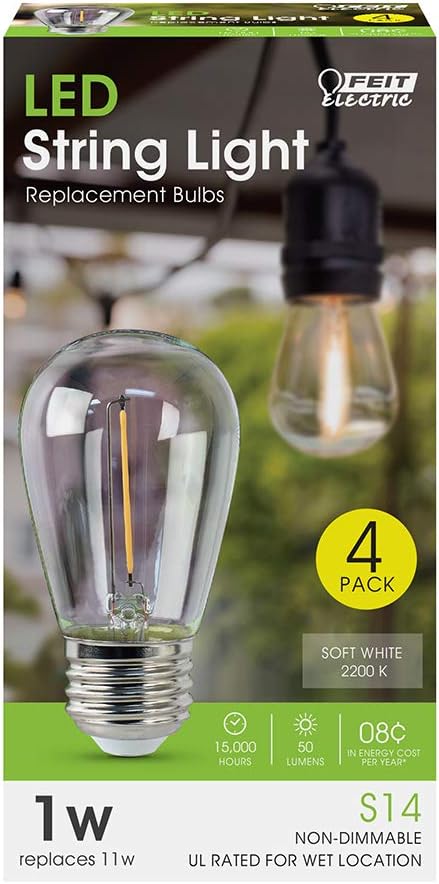 Feit Electric S14 LED Filament Light Bulbs, High Output, 2200K Warm White, 70 Lumens, String Light Replacement Bulbs, 15,000-Hour Lifespan, Clear Durable Housing, S14/822/FILED/4, 4 Pack