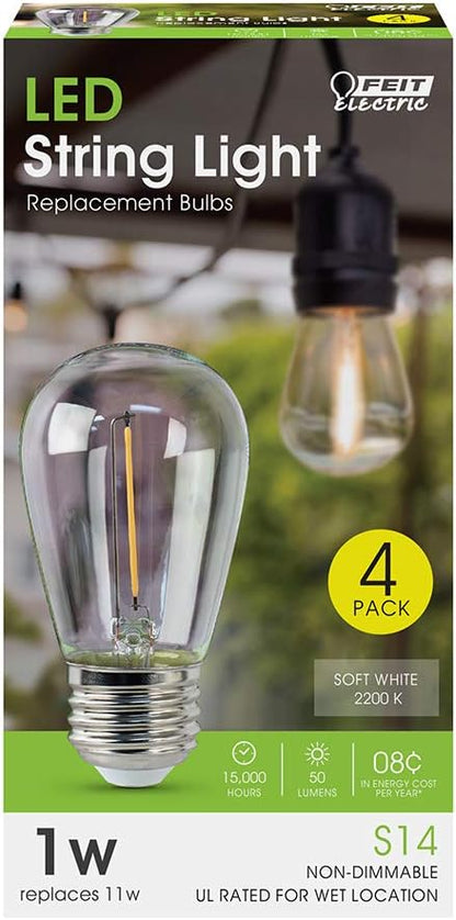 Feit Electric S14 LED Filament Light Bulbs, High Output, 2200K Warm White, 70 Lumens, String Light Replacement Bulbs, 15,000-Hour Lifespan, Clear Durable Housing, S14/822/FILED/4, 4 Pack