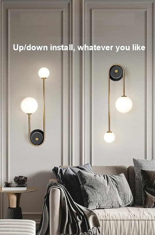 Modern Wall Sconce Set of 2 Mid Century Black Gold Wall Lamp with 2 Milk Glass Shade U-Shape Linear Wall Light for Bedside Dining Room Bathroom,Hard-Wired Install