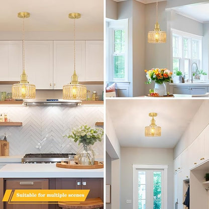 Rustic Pendant Light Set of 2, Brushed Gold Pendant Lights Kitchen Island with Amber Glass Shade, Brass Kitchen Pendant Lighting over Island, Adjustable Hanging Light for Hallway Bathroom Dining Room