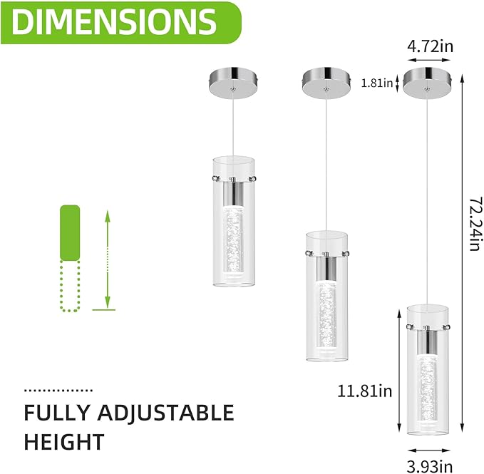 Pendant Ceiling Light Fixture for Kitchen Island, Chrome Pendant Light Integrated LED Hanging Light with Crystal Bubble Glass Pendant Light Modern Pendant Lights Kitchen Island (3-Pack)