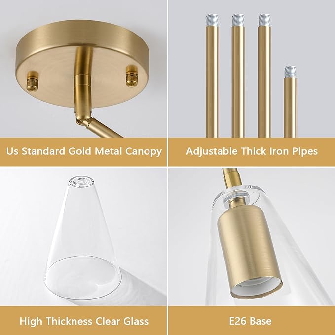 Dijiahua Gold Pendant Lights Kitchen Island 3 Pack, Modern Hanging Island Pendant Lights Over Sink with Clear Glass Shade,Small Chandeliers Adjustable Metal Tube Hanging Lighting for Table Bedroom