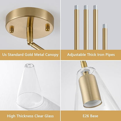 Dijiahua Gold Pendant Lights Kitchen Island 3 Pack, Modern Hanging Island Pendant Lights Over Sink with Clear Glass Shade,Small Chandeliers Adjustable Metal Tube Hanging Lighting for Table Bedroom