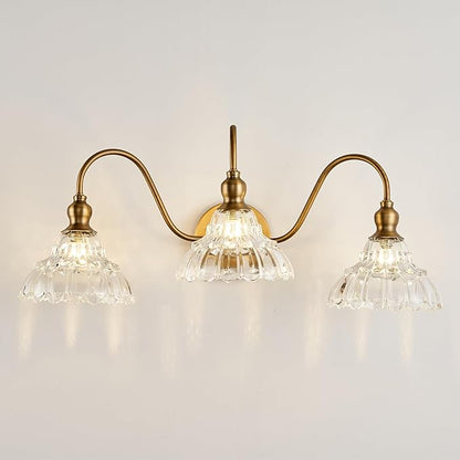 Vintage 3-Light Wall Sconces Modern Brass Bathroom Vanity Lighting Fixtures Glass Retro Vanity Light for Bedroom, Bathroom, Doorway, Foyer, Hallway Light