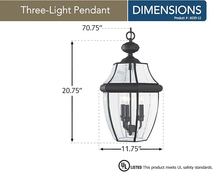 Generation Lighting 6039-12 Lancaster Traditional Three - Light Outdoor Pendant Lantern Outside Fixture, Black Finish, 40 Total Watts, 20.75 Inch Height, 11.75 Inch Diameter