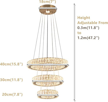 FRIXCHUR 3 Ring LED Chandelier Modern Crystal Chandeliers LED Pendant Lights Gold Ring Chandelier for Bedroom Dining Room High Ceiling Foyer (3000K Warm Light)