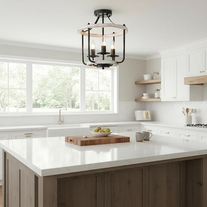 Farmhouse Semi Flush Mount Ceiling Light Fixtures, Industrial Rustic Ceiling Lamp Metal Cage Hallway Light Fixtures(3-Light Whitewashed Wood Finish)