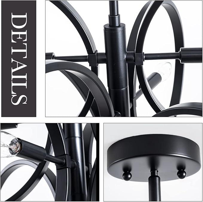 VILUXY Contemporary Black Chandelier Sputnik Ceiling Light Fixture 6-Light Mid-Century Geometric Circle Pendant Light for Dining Room Staircase Foyer 24.5"
