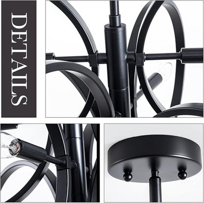 VILUXY Contemporary Black Chandelier Sputnik Ceiling Light Fixture 6-Light Mid-Century Geometric Circle Pendant Light for Dining Room Staircase Foyer 24.5"
