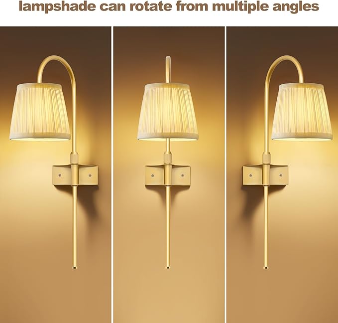 ZECOXOL Vintage Battery Operated Wall Sconces Set of 2, Gold Rechargeable Wireless Wall Lamp Lights with Fabric Lampshade & LED Remote Bulb,Dimmable Flower Wall Sconce for Bedroom Living Room Hallway