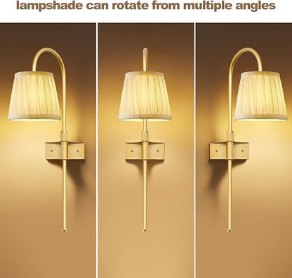 ZECOXOL Vintage Battery Operated Wall Sconces Set of 2, Gold Rechargeable Wireless Wall Lamp Lights with Fabric Lampshade & LED Remote Bulb,Dimmable Flower Wall Sconce for Bedroom Living Room Hallway