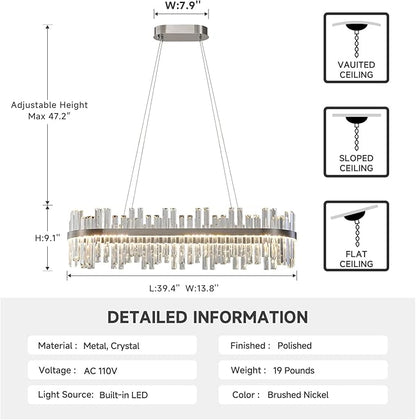 Nickel Led Modern Crystal Chandelier: 39.3" Rectangle Linear 3 Color Dimmable Chandeliers for Dining Room Over Table - Luxury Rectangular Contemporary Oval Light Fixture for Living Room Bedroom Foyer