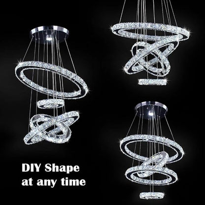 LED Chandeliers, Modern Crystal Chandelier Dining Room Living Room LED Ceiling Pendant Light 4 Rings Adjustable Stainless Steel Contemporary Chandeliers (4r Cool White)