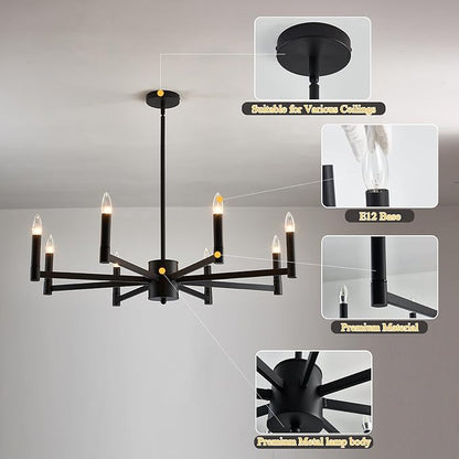 ASGYISA 8-Light Black Farmhouse Candle Chandeliers Modern Matte Ceiling Light Fixture Industrial Hanging Lighting for Dining Room Living Room Bedroom Kitchen Island Foyer