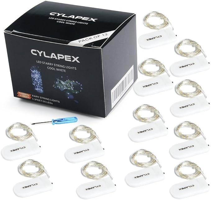 CYLAPEX 12 Pack Fairy Lights Battery Operated 7ft 20 LED Mini String Lights Silver Wire Firefly Starry Moon Lights for Wedding Mason Jars Party Christmas Centerpiece Table Decorations, Cool White