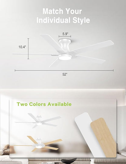 DAMINY 52 inch White Ceiling Fans with Lights,5 Blades,6CCT, Low Profile,Remote Control,for Bedroom, Kitchen,Living Room,Indoor/Outdoor Use,Flush Mount