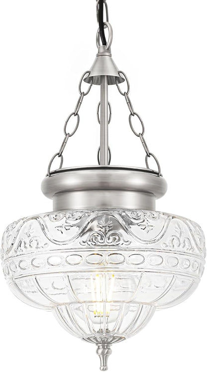 Vintage Pendant Light - Brushed Nickel Pendant Lights Kitchen Island with Floral Glass, Hanging Lighting Fixtures with Adjustable Hanging Chain for Kitchen, Island, Dining Room, Entryway