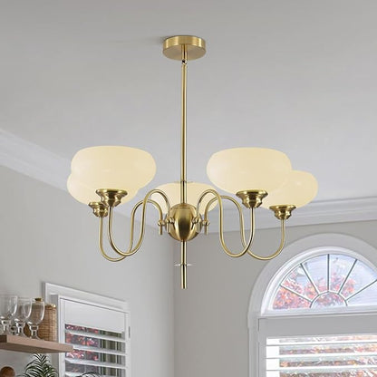 BOKT Modern Chandelier for Living Room, Mid Century Gold Chandelier for Dining Room, Vintage Milk Glass Globe Chandeliers for Different Ceilings