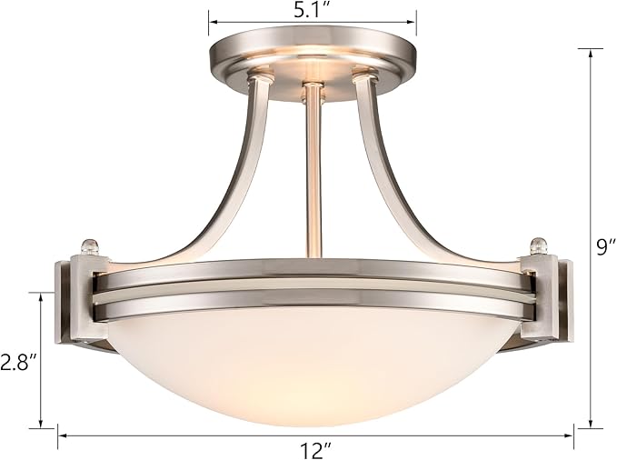 Modern 2-Light Semi Flush Mount Ceiling Light Brushed Nickel 12-Inch Milk Glass Light Fixtures Ceiling Mount for Bedroom Hallway Staircase Kitchen