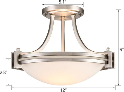 Modern 2-Light Semi Flush Mount Ceiling Light Brushed Nickel 12-Inch Milk Glass Light Fixtures Ceiling Mount for Bedroom Hallway Staircase Kitchen