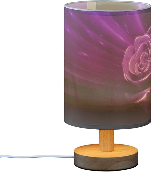 Table Lamp Magic Purple Rose Flower Neon Glare Floral Nightstand Lamp with Wood Base Fabric Lamp Shade Bedside Desk Lamp for Living Room Bedroom Kids Room Office