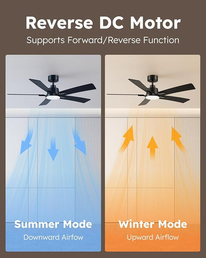 52 Inch Ceiling Fans with Lights and Remote, Black Ceiling Fan, Downrod Style with 5 Blades, Modern Design For Indoor Bedroom Living Room/Outdoor, 6 Speed Reversible DC Motor, 3CCT Dimmable LED