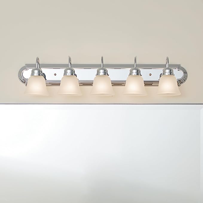 Kichler 5-Light Bathroom Vanity Light Fixture, 36" Traditional Design with Satin Etched Glass Shades in Tannery Bronze for Over Mirror Lighting (36" x 8" x 8"), 5339CHS