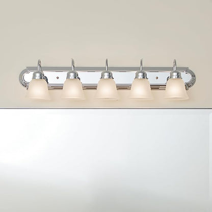 Kichler 5-Light Bathroom Vanity Light Fixture, 36" Traditional Design with Satin Etched Glass Shades in Tannery Bronze for Over Mirror Lighting (36" x 8" x 8"), 5339CHS
