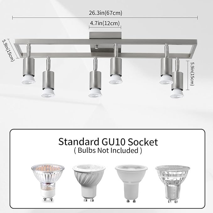 KEESFU Nickel 6-Light Track Lighting Fixtures Ceiling, GU10 LED Ceiling Spotlight with Rotatable Heads, Modern Track Light for Kitchen, Hallway, Living Room